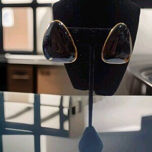 MORGAN TAYLOR Designer Logo Black & Gold Enamel Clip Earrings 1.5"